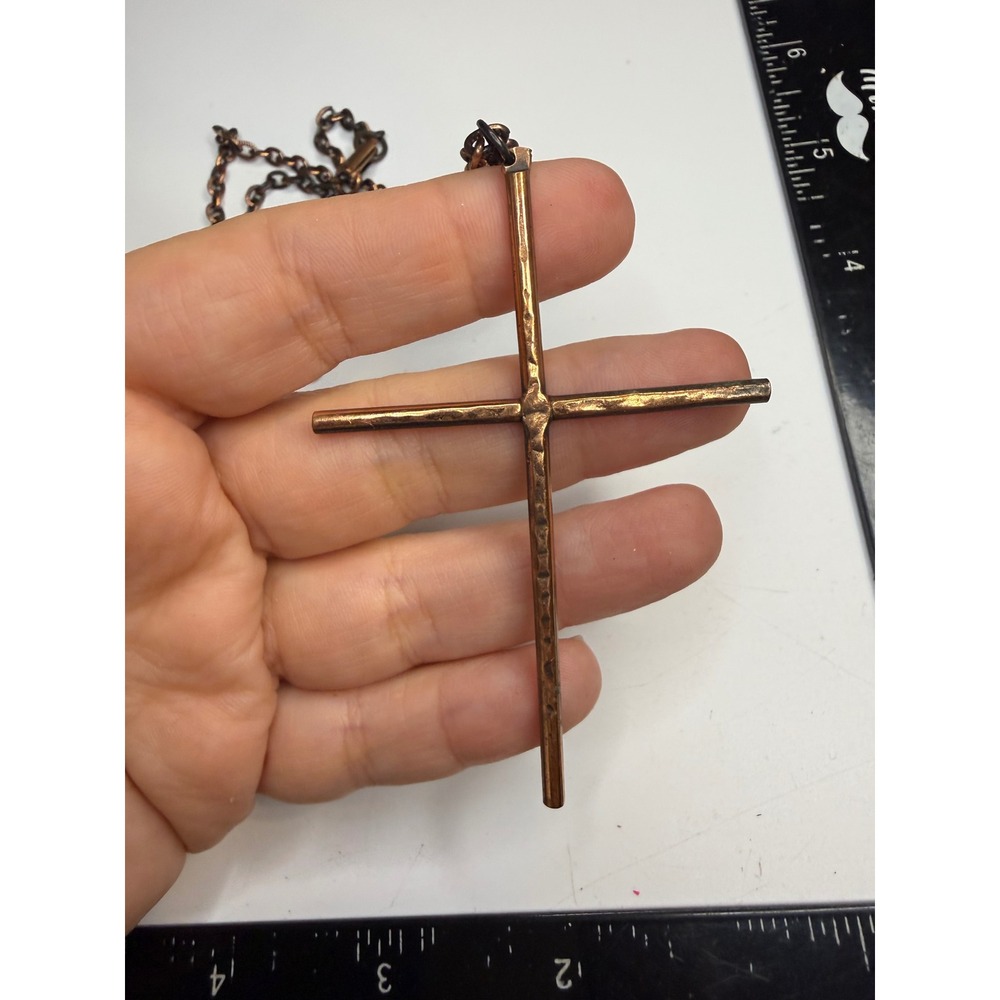 Solid Copper Hammered Cross Pendant Necklace Artisan Textured Religious Jewelry